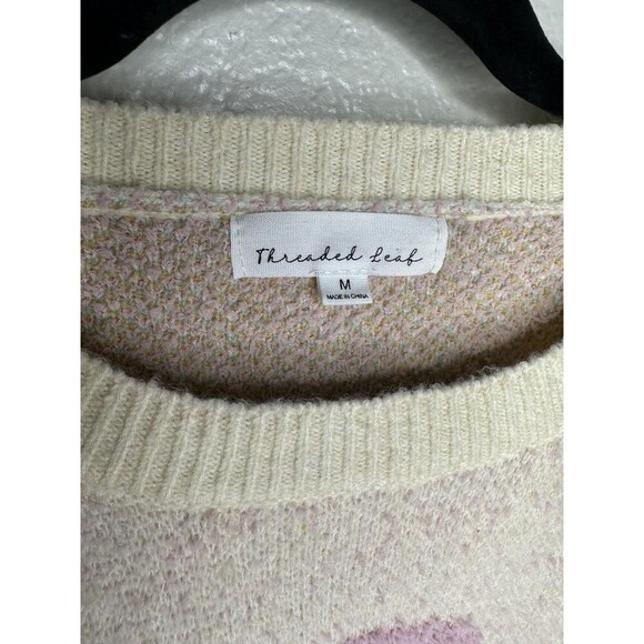 Threaded Leaf Sweater Womens Medium Cream Pastel Hearts Crewneck Pullover Fuzzy - Picture 3 of 6